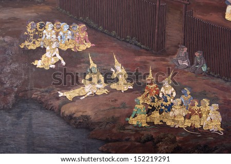 BANGKOK, THAILAND - APRIL 15: Thai mural paintings at Wat Phra Kaew on April 15, 2007 in Bangkok, Thailand. Scenes from Ramakian or Ramayana story are painted in the gallery along the temple\'s wall.