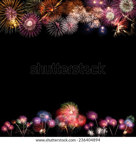 Fireworks in different shaps covering the top and the bottom parts of a black background