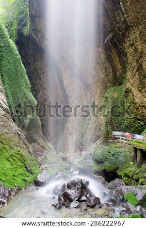 Picturesque area of the Longshuixia Fissure with its waterfalls,Wulong, China