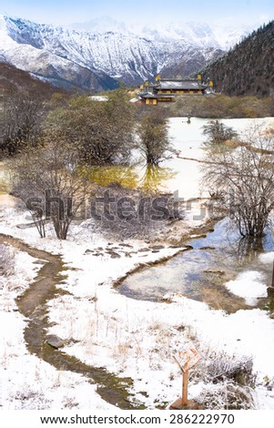 Huanglong Scenic Areas partly covered with snow