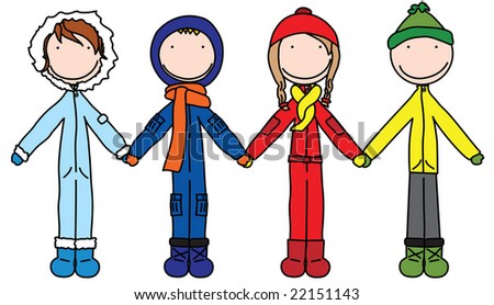 Childrens Winter Clothes on Illustration Of Four Kids In Winter Clothes Holding Hands   22151143
