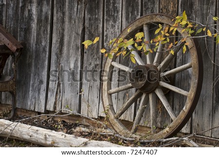 A wagon wheel leaning against an old barn with fall colored leaves