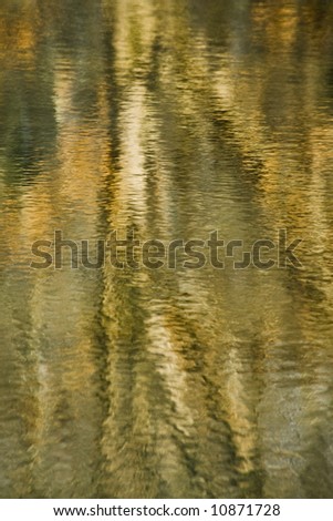 Colorful gold and green abstract reflections on a pond with ripples for texture.