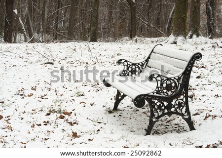 cast iron and wood , vintage park bench is covered with new snow in 