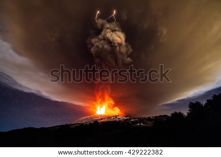 thunderstorm during an eruption of the volcano Mount Etna