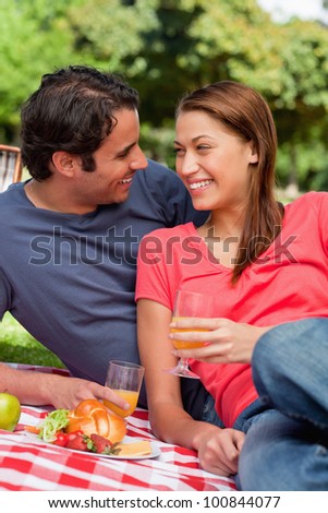 Two friends looking at each other while they hold glasses as they lie on a blanket with a picnic basket, flowers and food