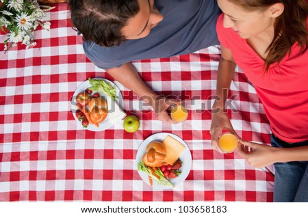 Elevated view of two smiling friends looking into each others eyes while they hold glasses as they lie on a blanket with a picnic