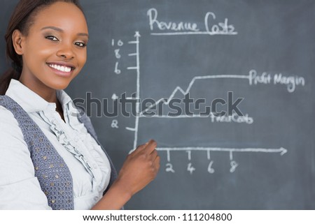 Teacher next to a chart drawn on a blackboard in a classroom