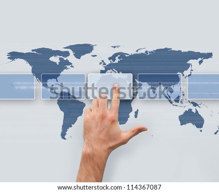 Hand selecting box from digital menu on world map