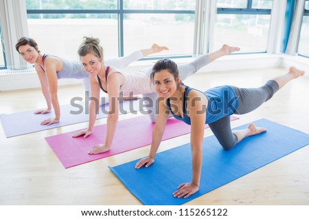 Women stretching on mats at yoga class in fitness studio