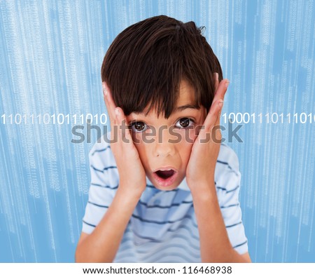 Boy standing looking scared on background with binary code