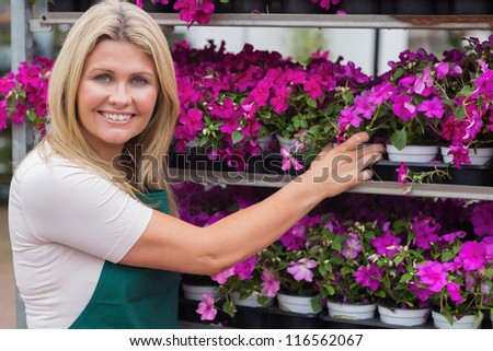 Woman working in garden center taking flowers from shelves