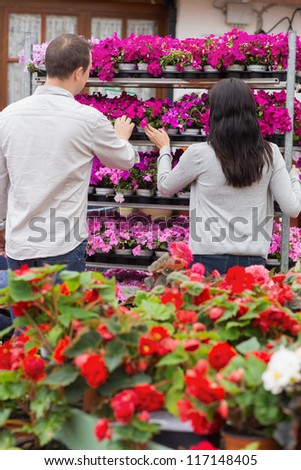 Couple looking at shelf of purple flowers in garden center