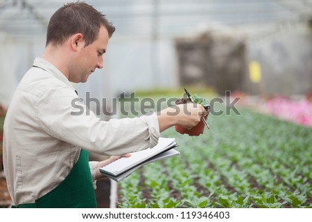 Man standing in greenhouse nursery and taking notes