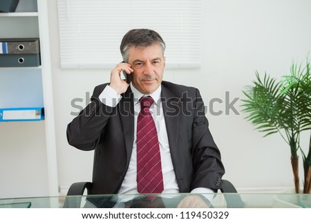 Sitting businessman phoning on his desk in his office