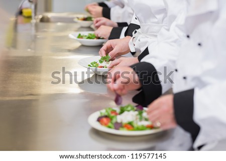 Team of Chef\'s preparing salads in kitchen