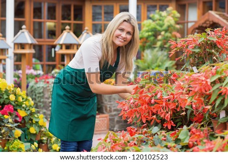 Smiling gardener caring about flowers in the garden center