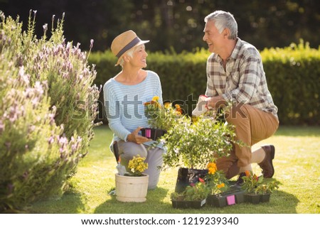 Portrait of happy senior couple gardening together in backyard