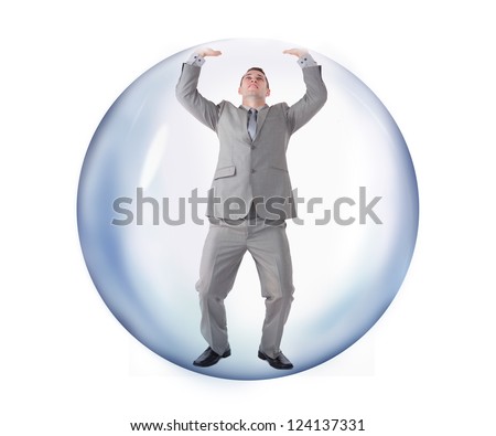 Businessman trying to escape from the bubble