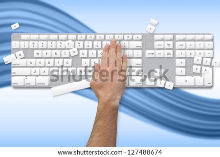 Hand breaking white and grey keyboard on blue wave background