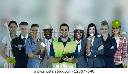 Smiling people with different jobs standing in line