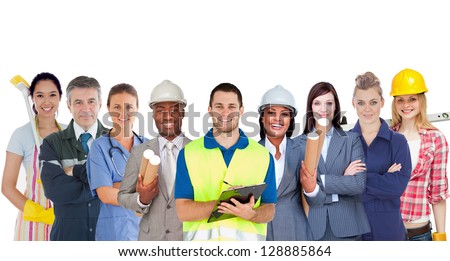 Group Of Smiling People With Different Jobs Standing In Line On White Background
