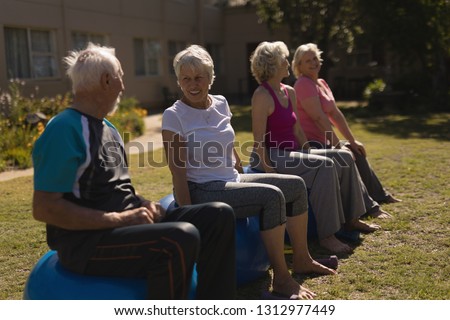 Side view of active senior people interacting with each other and sitting on exercice ball  the park