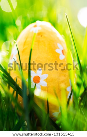 Easter egg nestled in the green grass in the sunshine