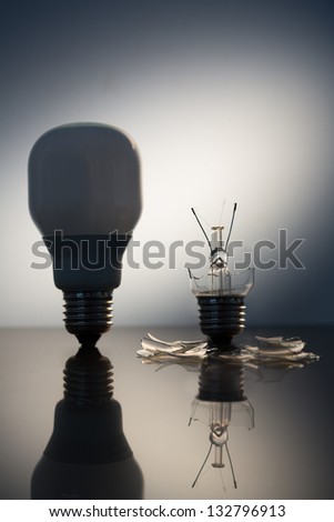 One economic bulb standing next to a broken clear light bulb on reflective surface