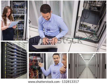 Collage of data center workers at work together and alone