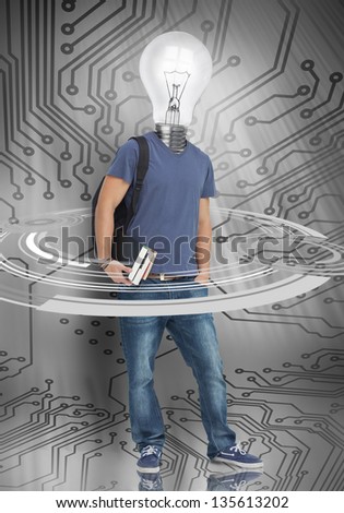 Male student with light bulb head standing against grey circuit board background