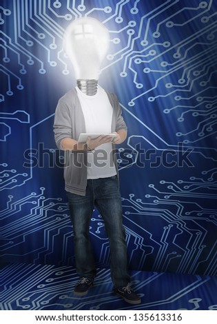 Student with light bulb head lighting in front of circuit board background