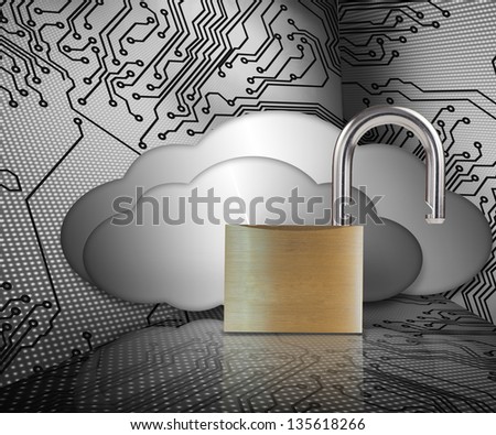 Unlocked padlock against circuit board and clouds