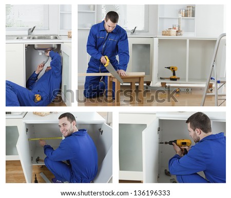 Collage of carpenter working in boiler suit