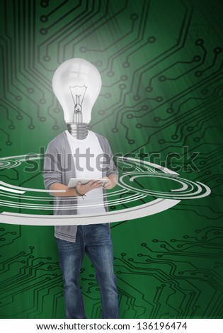 Boy with light bulb instead of head circled by white dial in front of green circuit board background