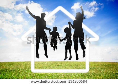 Black silhouette of family jumping in the air