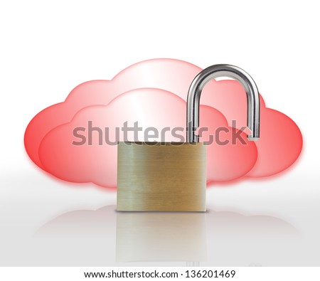 Unlocked padlock in front of red clouds against white background