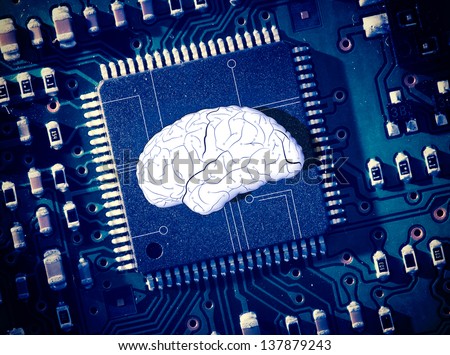 Drawing of a brain in the middle of blue circuit board