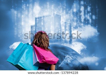 Girl with shopping bags looking at  data server on top of earth with falling matrix