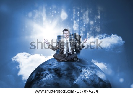 Businessman sitting on top of the world with data server and glowng matirx on blue sky background