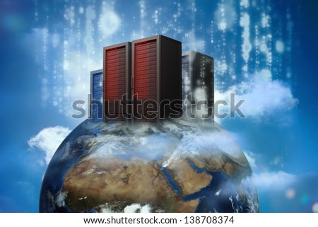 Data servers on top of the world with falling matrix in the sky