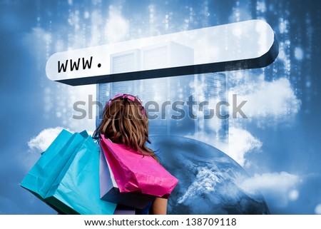 Girl with shopping bags looking at address bar with data servers on top of earth