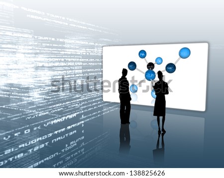 Silhouettes in front of molecular screen on a reflective surface