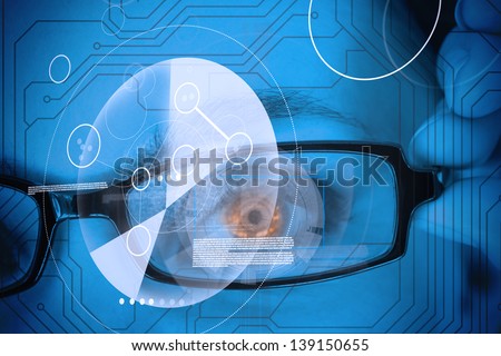 Orange eyed woman getting an eye security scan in blue tint with circuit board detail