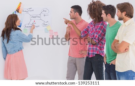Creative team watching colleague present  flowchart on whiteboard in office