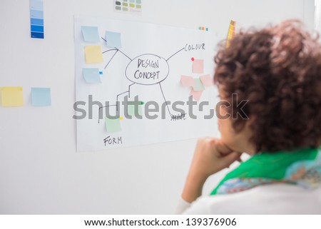Designer watching white board with sticky notes on it