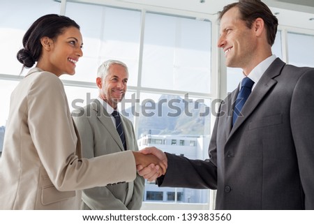 Smiling business people shaking hands with smiling colleague them on the background