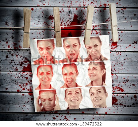 Group of pictures showing woman gesturing hung with pegs with blood stains on the background