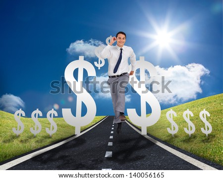 Businessman running on a road with dollar signs floating everywhere with bright blue sky on the background