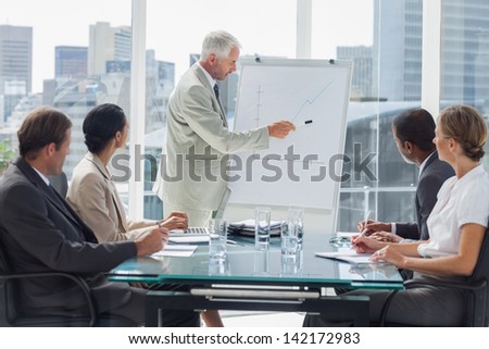 Businessman pointing at a growing chart during a meeting with people listening to him